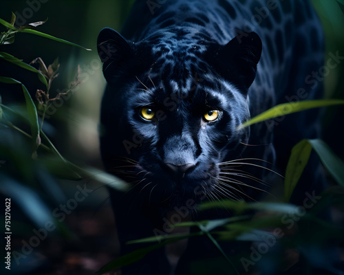 Portrait of a black leopard in the jungle. Animal portrait.