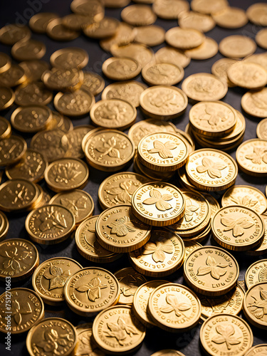 Pile of gold coins on black background. Shallow depth of field.