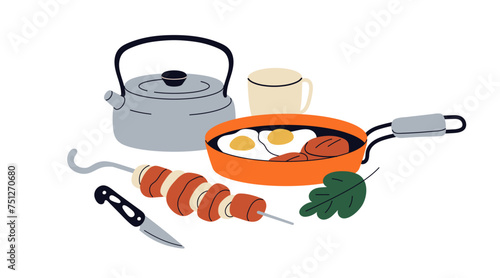 Camping food, eating outdoors. Touristic cooking equipment, tea kettle, mug, fried eggs in pan, kebab, meat, knife. Meal in adventure, hiking. Flat vector illustration isolated on white background