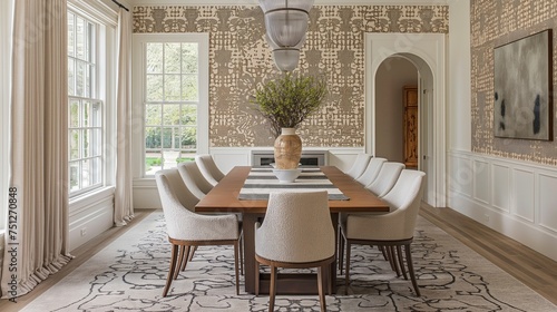 Intricate lace-inspired patterns in neutral tones elevating a dining room wall