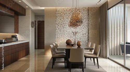 Intricate lace-inspired patterns in neutral tones elevating a dining room wall