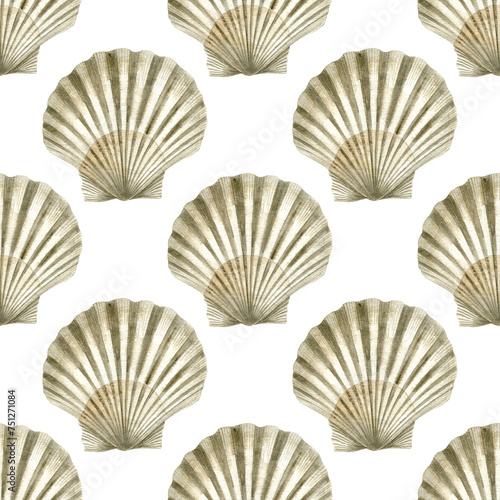 Seamless pattern of watercolor Seashell. Hand drawn illustration of sea Shell on white background. Colorful drawing of Scallop. Ocean Cockleshell marine underwater. For print decoration, fabric, wrapp