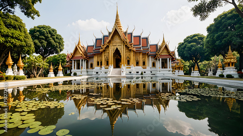 A beautiful Thai temple with a watery background with a reflection.