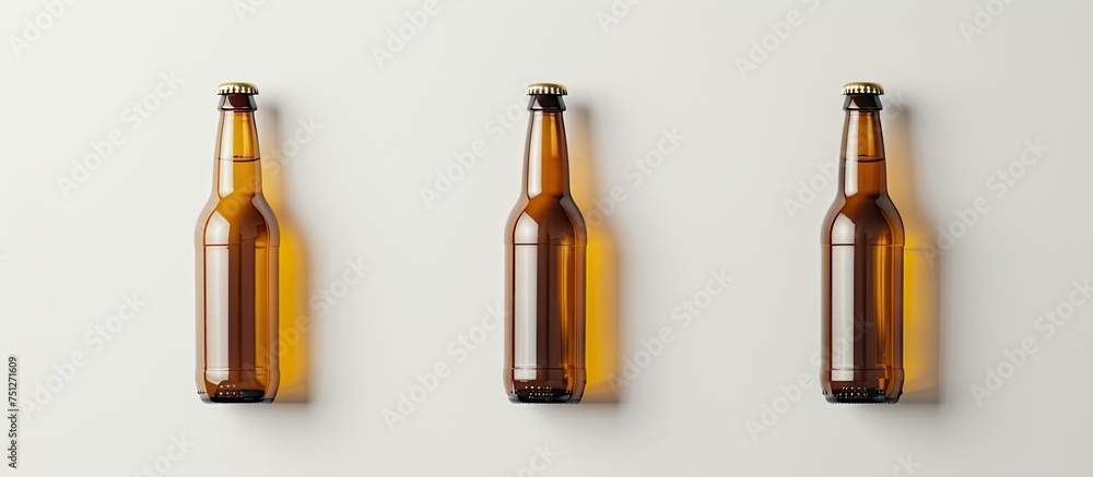 Three beer bottles are suspended on a wall, showcasing their empty interiors. The bottles are arranged in a row, creating a simple yet impactful visual. Three beer bottles are suspended on a wall, showcasing their empty interiors. The bottles are arranged in a row, creating a simple yet impactful visual.