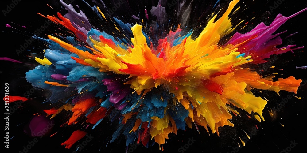 Dynamic explosion of abstract splatter in dark tones with vibrant colors against a black background Dynamic explosion of abstract splatter in dark tones with vibrant colors against a black background
