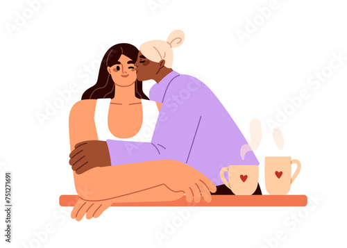 Young women, lesbian love couple. Girl kissing girlfriend on cheek. Affectionate female valentines, enamored on romantic date with tea mugs. Flat vector illustration isolated on white background