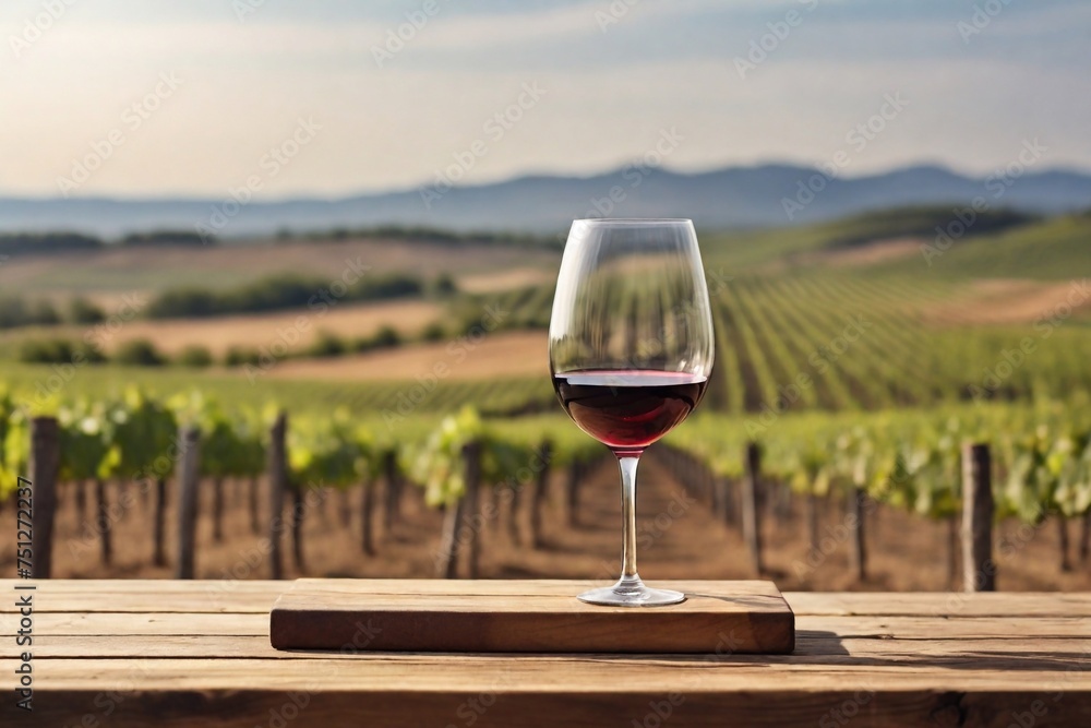 Glass of wine on a wooden table, view of the vineyards, wine festival, countryside, grapes in bunches, blue sky