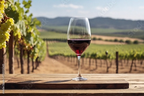 Glass of wine on a wooden table, view of the vineyards, wine festival, countryside, grapes in bunches, blue sky