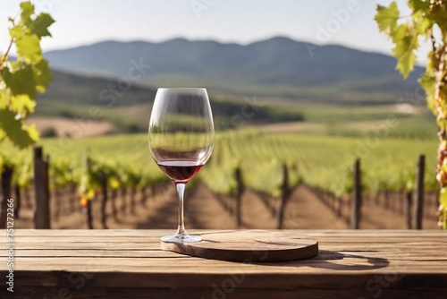Glass of wine on a wooden table  view of the vineyards  wine festival  countryside  grapes in bunches  blue sky