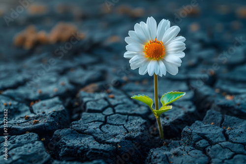 Close up of white daisy flower growing on cracked earth background