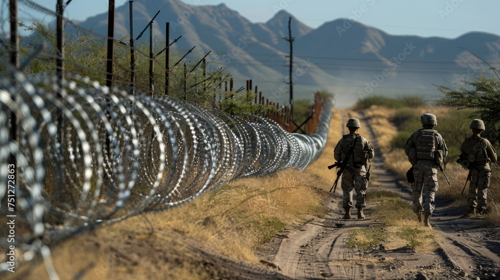 Military and border guards with weapons stand along the border with barbed wire, guarding the border from illegal immigrants. Texas and Mexico Emigration Crisis - obrazy, fototapety, plakaty 