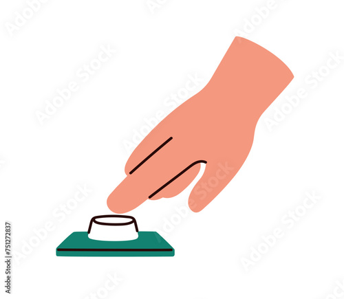 Finger pressing, pushing emergency button. Hand turning on and off, starting ...