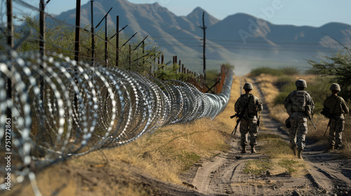 Military and border guards with weapons stand along the border with barbed wire, guarding the border from illegal immigrants. Texas and Mexico Emigration Crisis photo