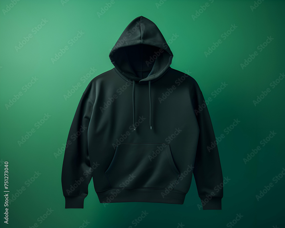 Black hoodie on green background. Mock up