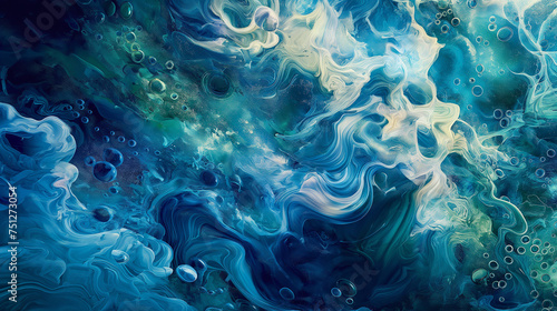 Abstract fluid art painting with swirling patterns of blue and white creating a visually mesmerizing marbled effect. 