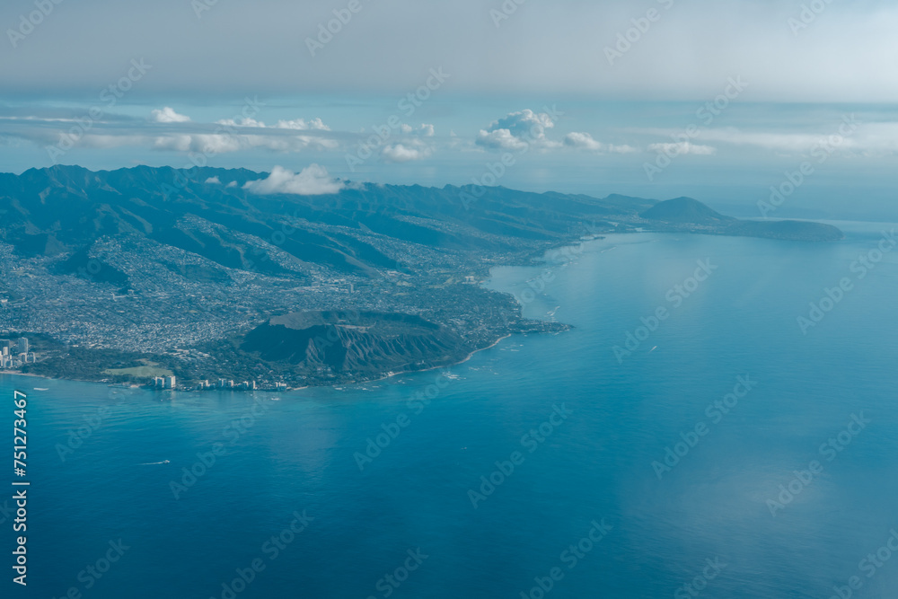 Diamond Head and Kahhala. Oahu Hawaii. Aerial photography of Honolulu to Kahului from the plane.	