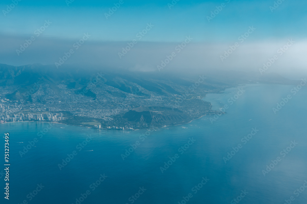 Diamond Head and Kahhala. Oahu Hawaii. Aerial photography of Honolulu to Kahului from the plane.	