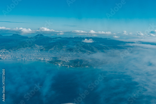 Fototapeta Naklejka Na Ścianę i Meble -  Waikiki and Diamond Head, Oahu Hawaii. Aerial photography of Honolulu to Kahului from the plane.	
