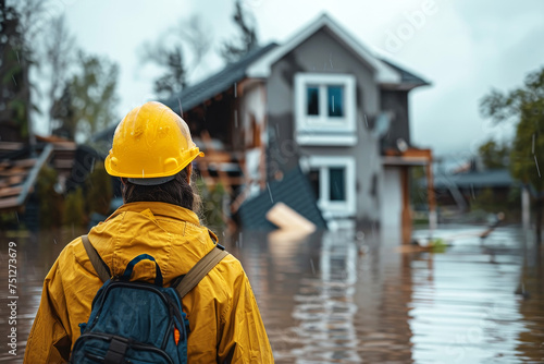 storm and flood victims looking at their homes damaged by natural disasters. property insurance covers structural damages for home concept