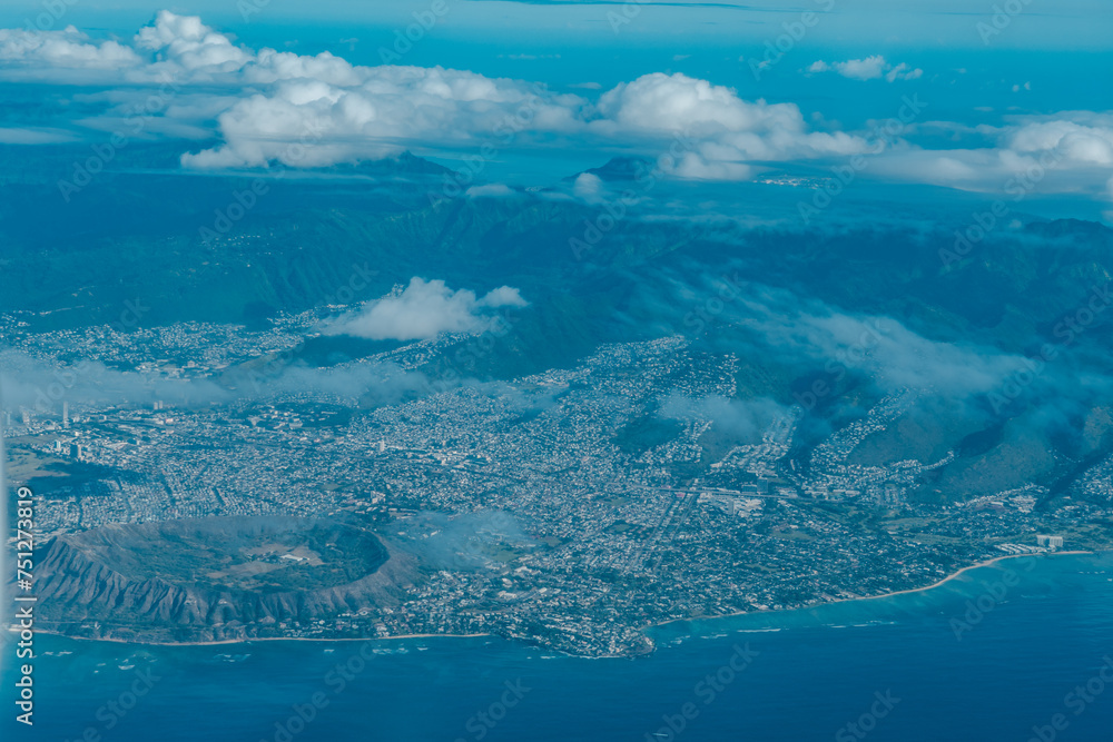 Diamond Head and Kahhala. Oahu Hawaii. Aerial photography of Honolulu to Kahului from the plane.	
