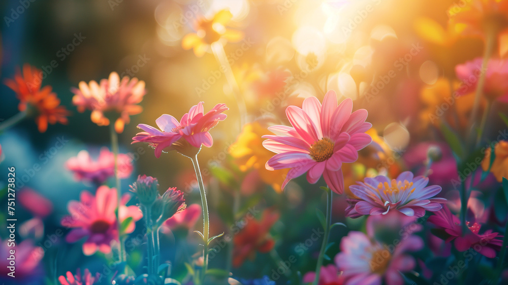 A vibrant garden of flowers basking in the warm, golden glow of a setting sun, creating a dreamy and enchanting atmosphere. A vibrant garden of flowers basking in the warm, golden glow of a setting sun, creating a dreamy and enchanting atmosphere.