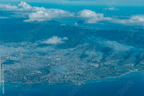 Fototapeta Naklejka Na Ścianę i Meble -  Diamond Head and Kahhala. Oahu Hawaii. Aerial photography of Honolulu to Kahului from the plane.	
