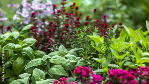 A lush herb garden full of fresh green basil  rosemary  and vibrant pink flowers  representing healthy  aromatic cultivation.