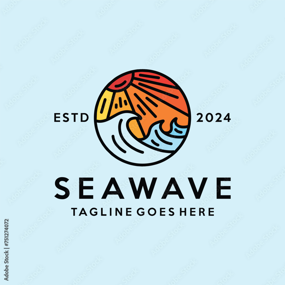 Sea Wave Logo Colorful Vector, Monoline Ocean Icon Symbol, Summer Beach Creative Vintage Graphic Design
