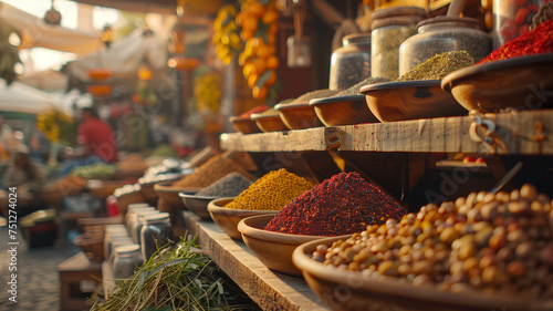 Heaps of exotic spices and grains displayed in a traditional spice bazaar, exuding rich colors and a bounty of aromas.