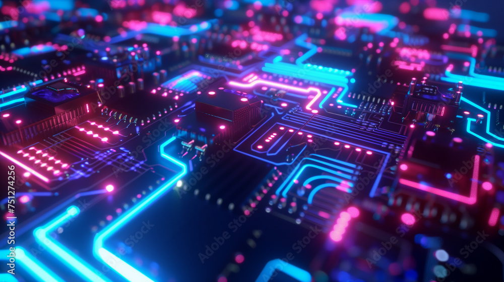 A vibrant, neon-lit visualization of a futuristic circuit board city, representing the intersection of urban development and advanced technology.