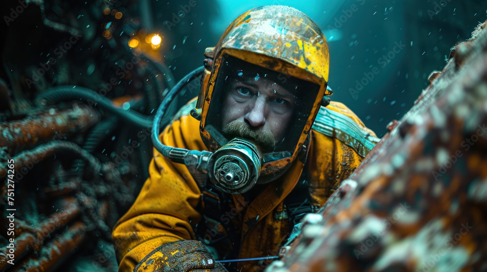 An underwater scene featuring a welder in advanced diving equipment, performing critical maintenance on the foundation of an oil rig. Underwater welding