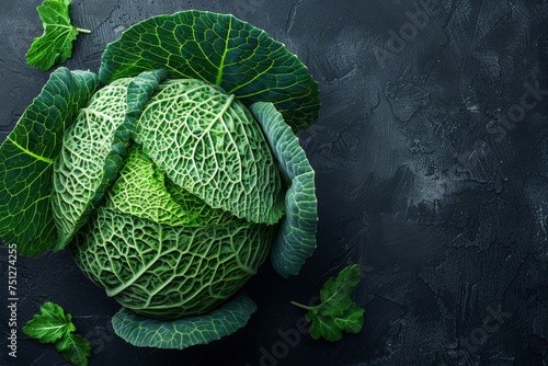 Top view of savoy cabbage, banner, copy space