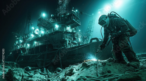 An underwater scene featuring a welder in advanced diving equipment  performing critical maintenance on the foundation of an oil rig. Underwater welding