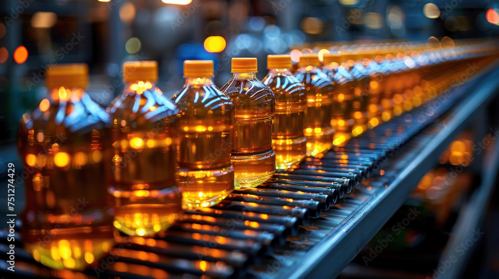 Conveyor belt for vegetable oil in plastic bottles inside a vegetable oil production factory.