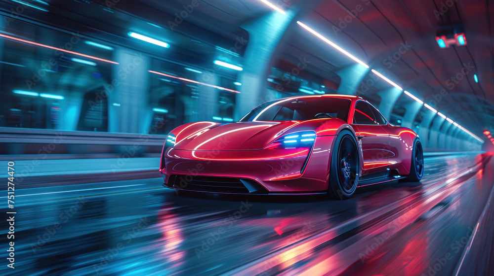 EV car with motion lighting. Automotive innovation and technology concepts. EV car with motion lighting. Automotive innovation and technology concepts.