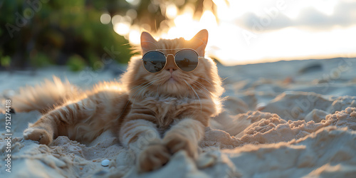 Funny Persian cat with sunglasses lying and relaxing on a sandy beach with palm trees around against a sunlight. Summer travel commercial concept banner with copy space.