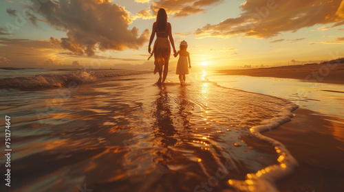 Happy mother and her daughter enjoying walk along beach at sunset. photo