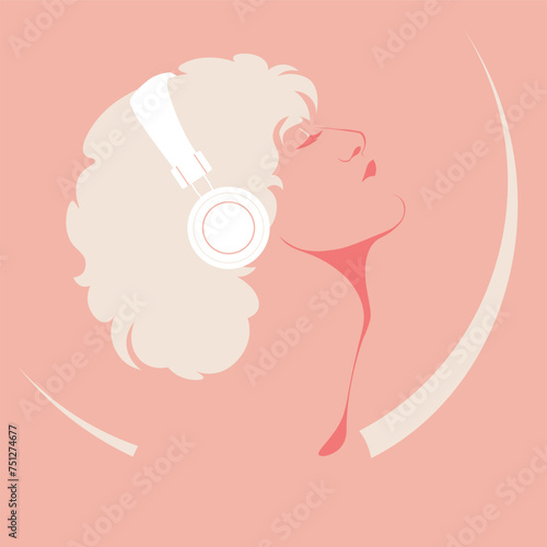 Music therapy. Profile of a musician. Curly man listens to music on headphones. Fashion avatar of a teenager. Vector flat illustration.