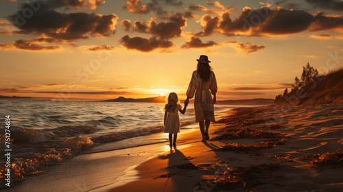 Happy mother and her daughter enjoying walk along beach at sunset.