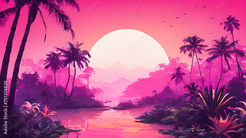 Tropical island with palm trees and sunset. Vector illustration.