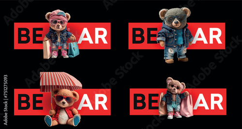 Collection of Cute Teddy Bears in Stylish Outfits on Red Background, Perfect for Children’s Themes and Toy