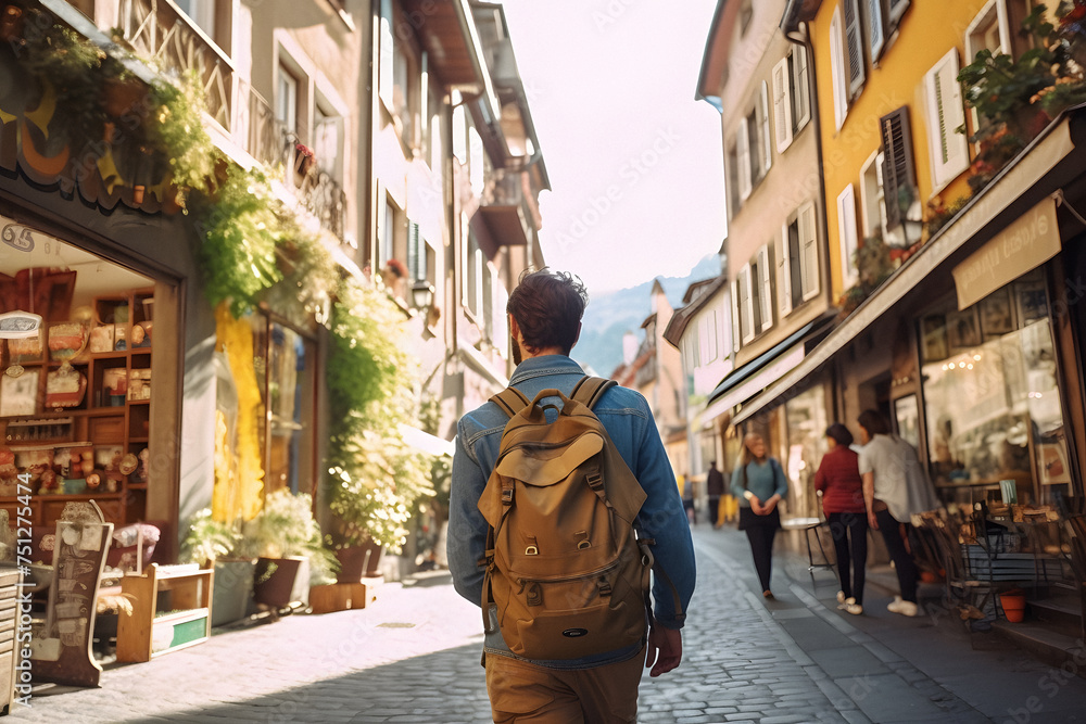 A man with a backpack strolls down a cobblestone street in the city