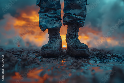Military boots on a background of a burning forest. War concept