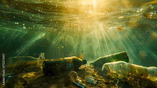 Bootles, PETs, plastics, trash under the ocean sea water; recycle