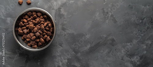 Closeup of a metal bowl filled with natural pet food placed on a grey table, ready for a dog to enjoy their meal.