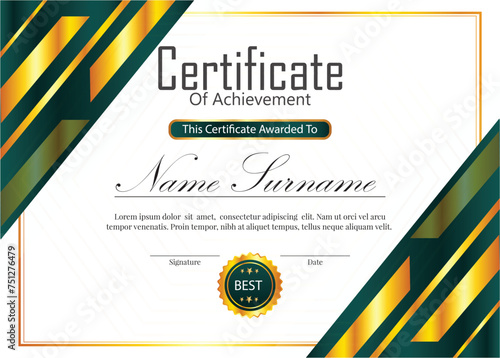  new professional certificate design with green and golden gradients color abstract background with lines