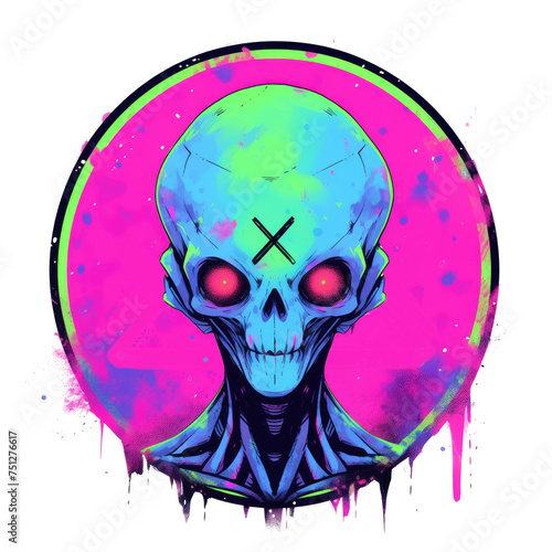 This stylized extraterrestrial portrait features a humanoid being with luminous eyes, intricate organic armor, and a color palette that blends electric pinks, greens, and blues in a bold, graphic sci-