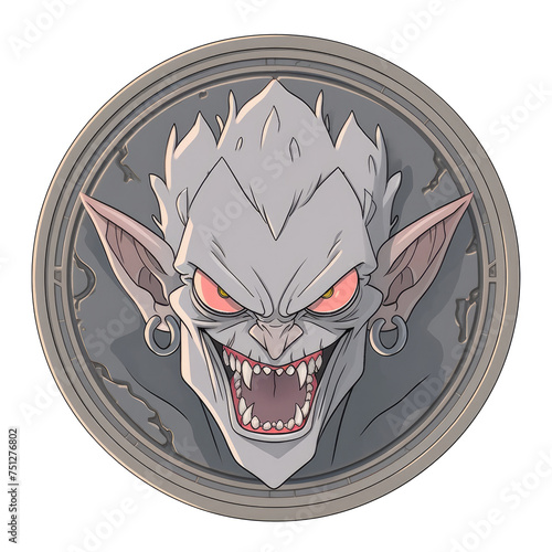 An illustration of a coin with a picture of a vampire head wearing white earrings photo