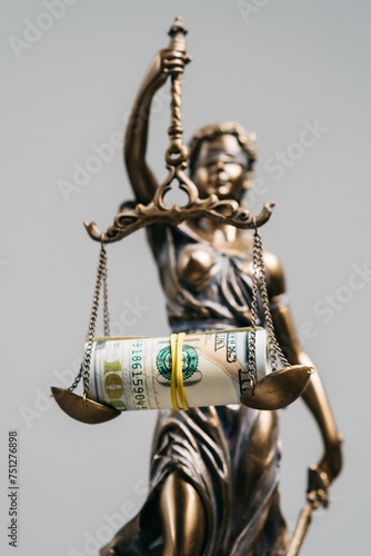 Scales of justice with money on an isolated background. Concept of injustice, imbalance, corruption and legal costs.