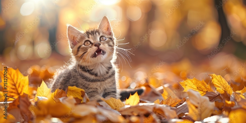 A happy kitten having fun among the autumn's golden foliage. Generative Ai